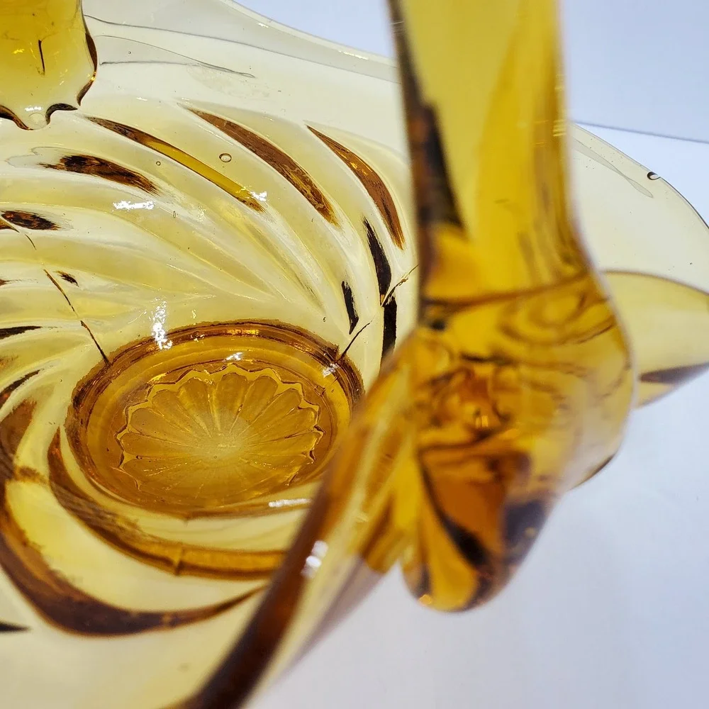 Vintage Amber Glass Swirl Basket Decor Amber Hand Blown Art Glass